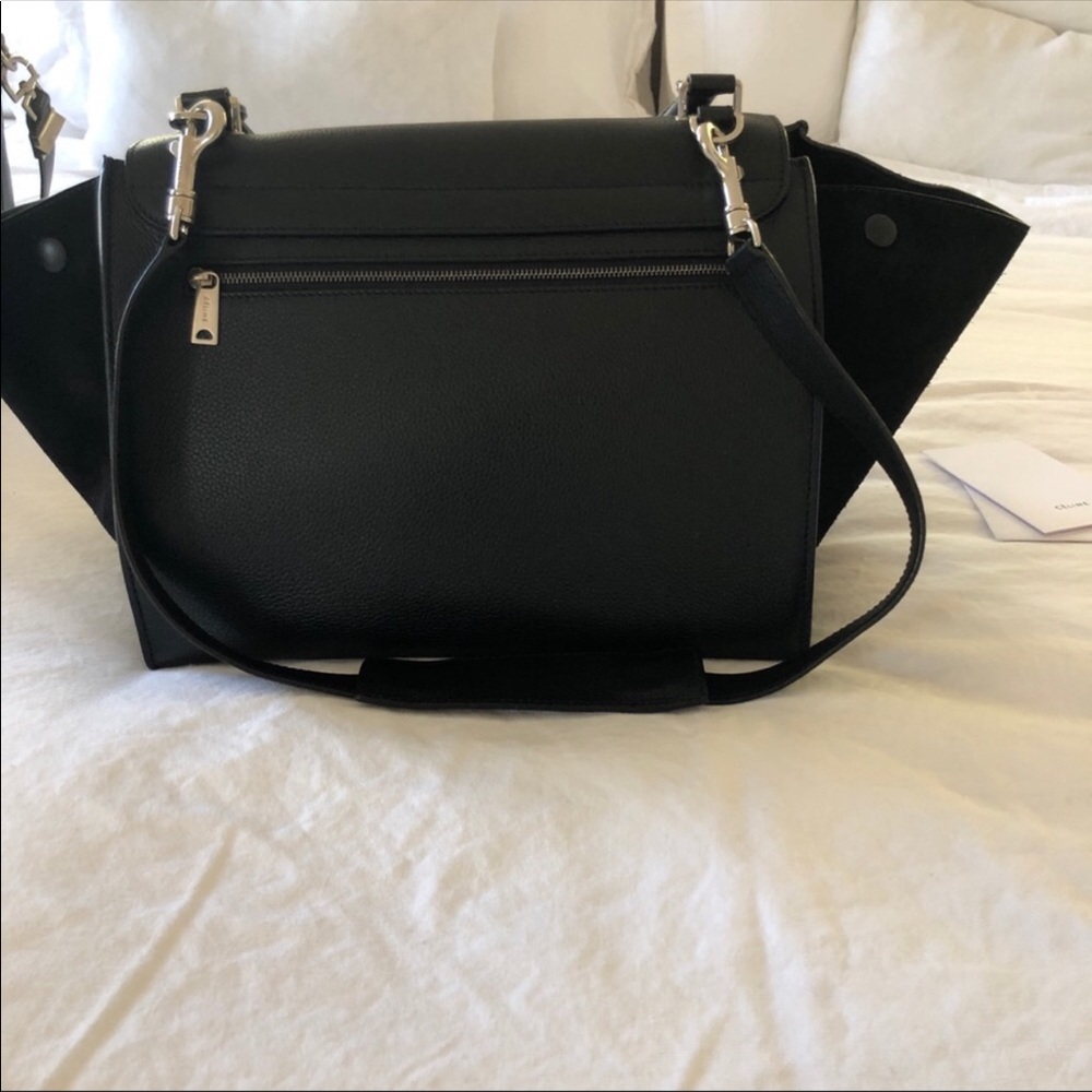Celine Black Leather Top Handle Shoulder Bag with Suede Wings - Picture 5 of 7
